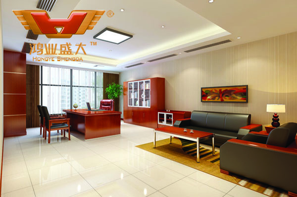 鴻業(yè)設(shè)計師根據(jù)要點1，為客戶設(shè)計的3D經(jīng)理辦公室家具擺放效果圖解決方案