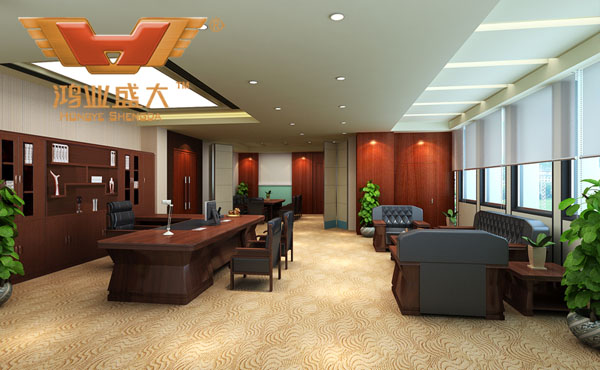 鴻業(yè)設(shè)計(jì)師根據(jù)要點(diǎn)3，為客戶設(shè)計(jì)的3D總經(jīng)理辦公室家具擺放效果圖解決方案